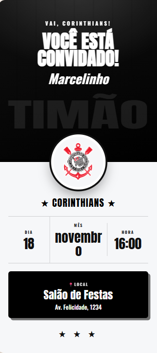 Convite de aniversário tema Corinthians, fundo preto