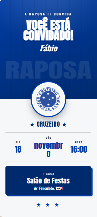 Convite de aniversário tema Cruzeiro, fundo azul