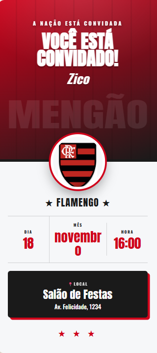 Convite de aniversário tema Flamengo, fundo vermelho e preto