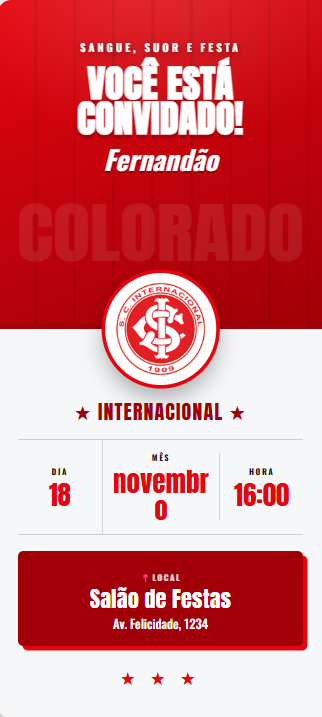 Convite de aniversário tema Inter, fundo vermelho