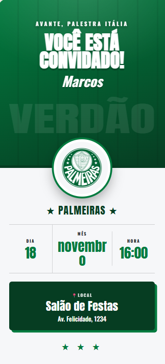 Convite de aniversário tema Palmeiras, fundo verde