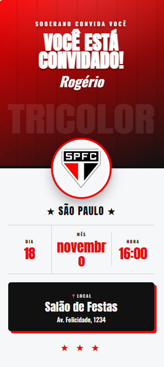 Convite de aniversário tema São Paulo, fundo vermelho, preto e branco